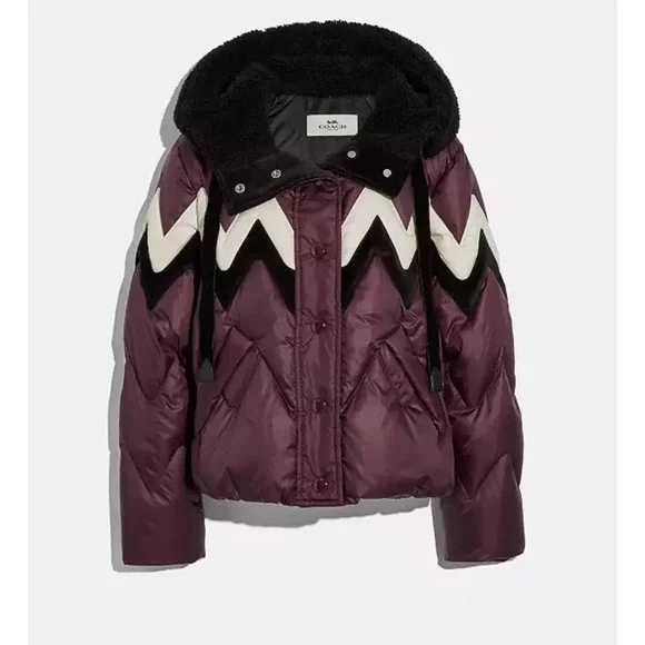 COACH Puffer Jacket Women's Winter Coat Burgundy Zigzag Sherpa Hood Cozy - Picture 1 of 6